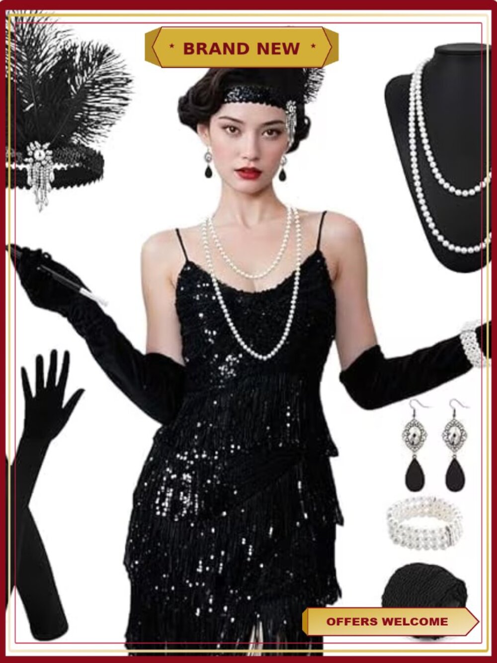 1920s Sequin Fringe Flapper Dress Gatsby Party Costume Set